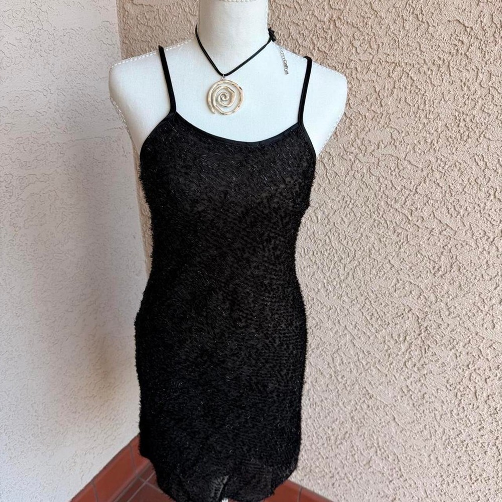 Black bodycon mini dress with silver fuzzy sequins
